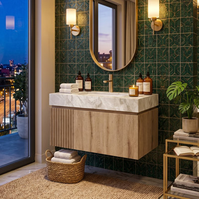 Meuble-lavabo mural 30 po avec comptoir en pierre frittée et lavabo en céramique, armoire de rangement avec 1 tiroir et porte à fermeture en douceur