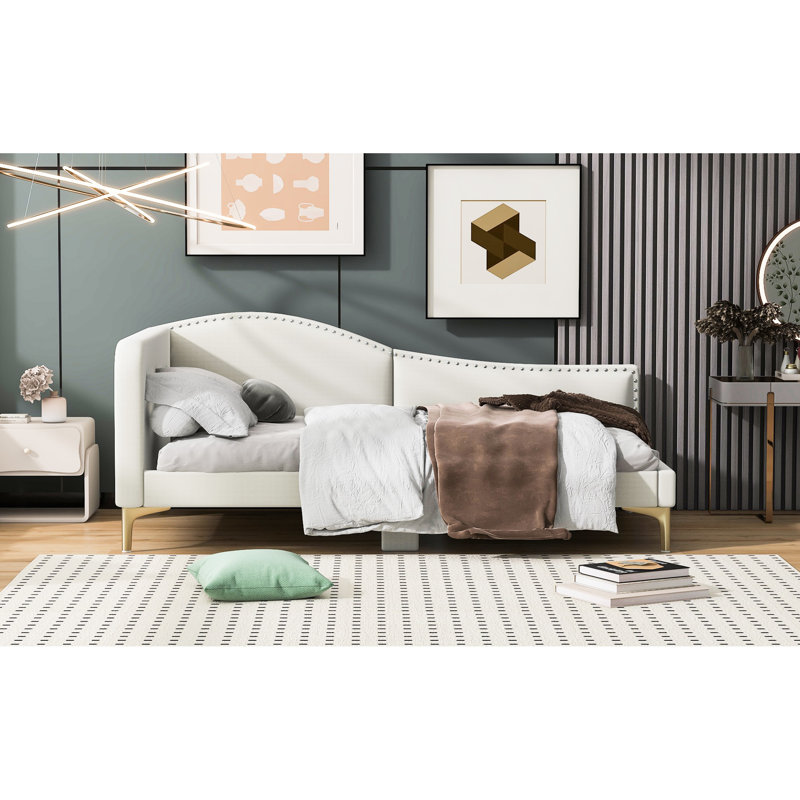 Twin Upholstered Daybed In Beige - Build, Comfortable, Chic Style With Armrest, Strong Versatile Decor Option