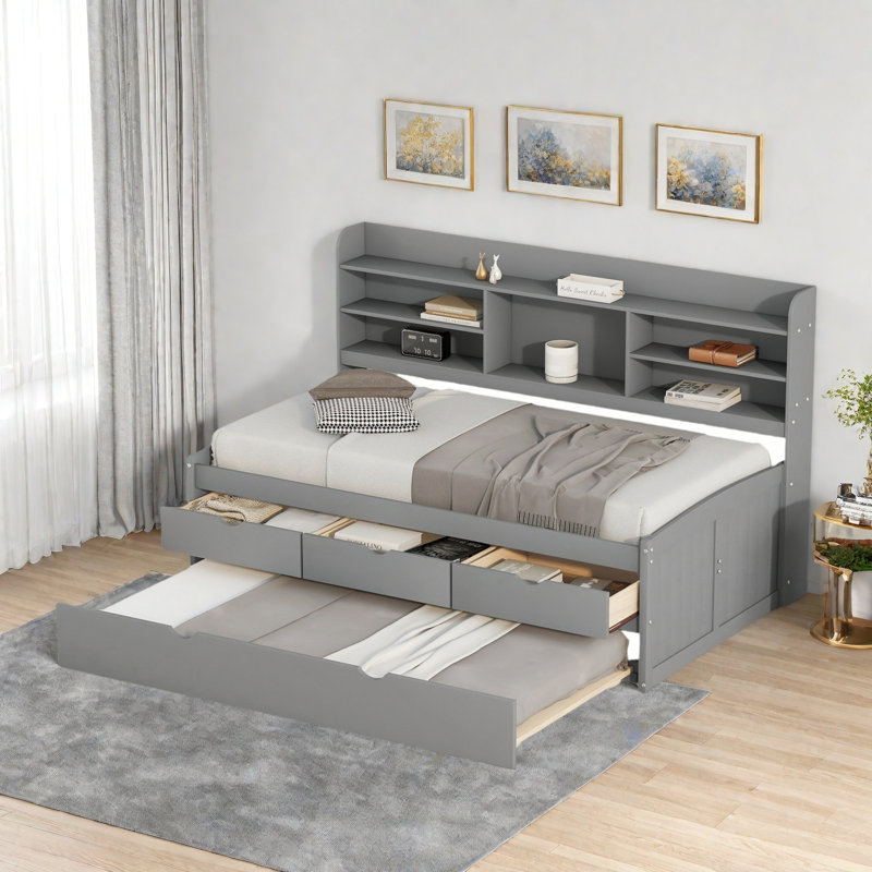 Lit de jour en bois avec tablettes intégrées, 3 tiroirs de rangement et lit gigogne, Gris