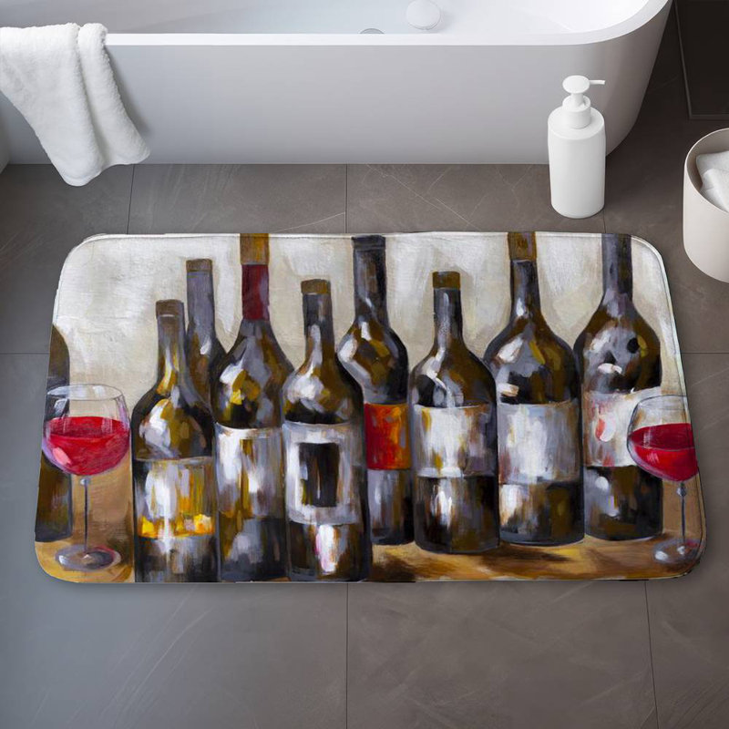 Red wine bottles Bath Mat with Non-Slip Backing - Quick Dry Memory Foam Bathroom Rug - Absorbent - Modern Plush Spa-Style - Machine Washable