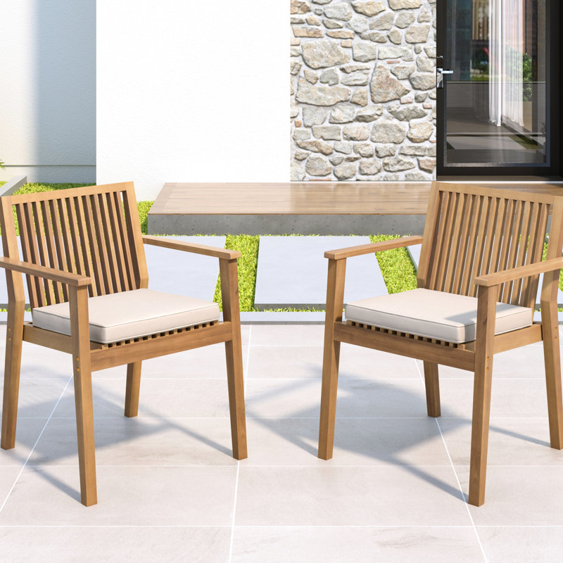 Outdoor Dining Chairs 2 - Piece Wood Frame, Comfortable Foam Filled Seats, Waterproof Covers, 400 Lbs Capacity, Brown And Beige For Patios Patio Chair Of Wood, Seating With Removable Cushions,