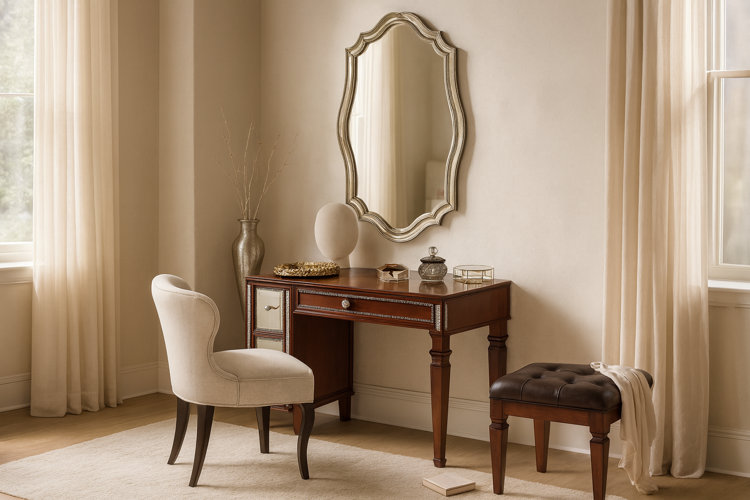 ornate traditional vanity table beside an upholstered side chair and under a silver wall mirror