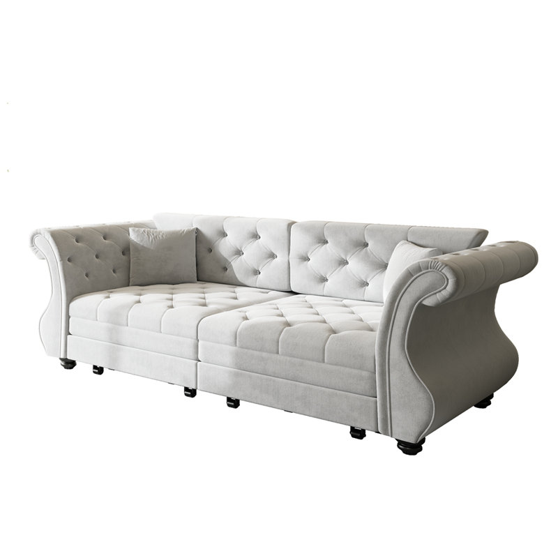 Très grand canapé-lit rétractable de 83,8 po Chesterfield, canapé en velours à accoudoirs roulés classique avec capitonnage de fleurs, revêtement pour salon / chambre à coucher / appartement