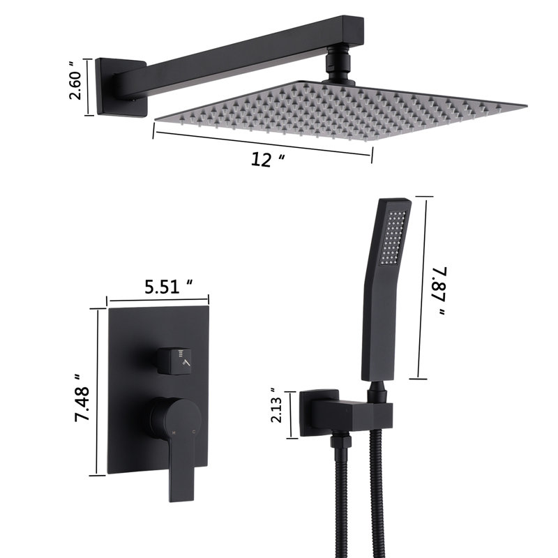 12 Inch Stainless Steel Shower - Matte Black Bathroom Rain With Handheld Balanced 12" Head And For System, Matte Black