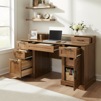 Bureau de ferme 59 po avec station de charge et armoire de rangement, bureau d'étude avec porte de grange avec tiroir classeur, support pour écran et plateau à clavier pour bureau, bureau, salon, noyer foncé