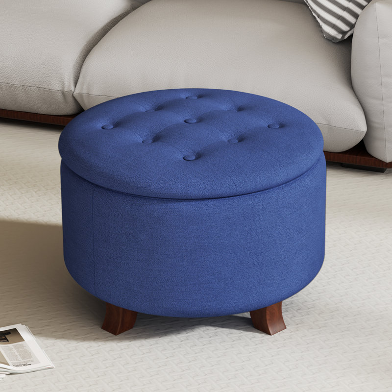 Upholstered Storage Ottoman Bench Button Tufted Round Ottoman Footrest Stool for Living Room Bedroom, Navy