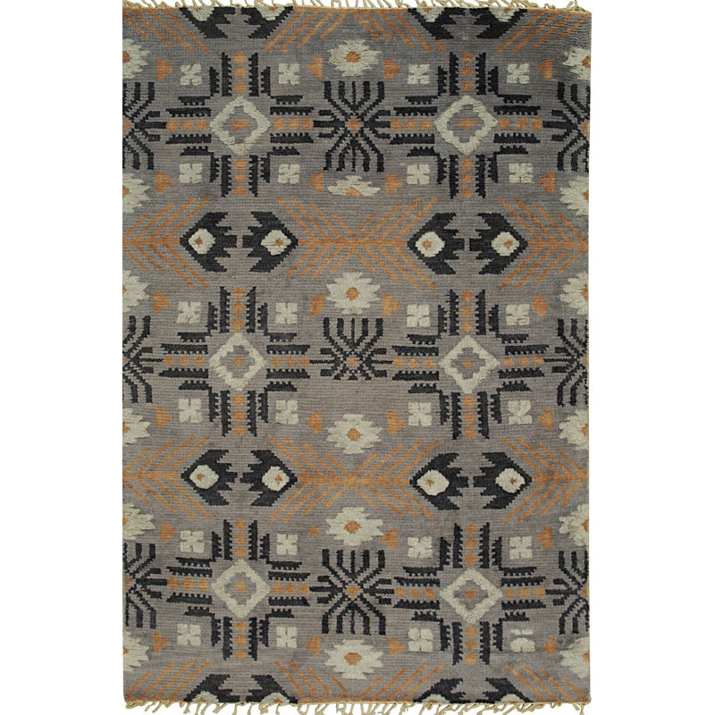Gray Hand-Knotted Wool Stylized Floral Medallion Geometric Modern Contemporary Carpet Rug