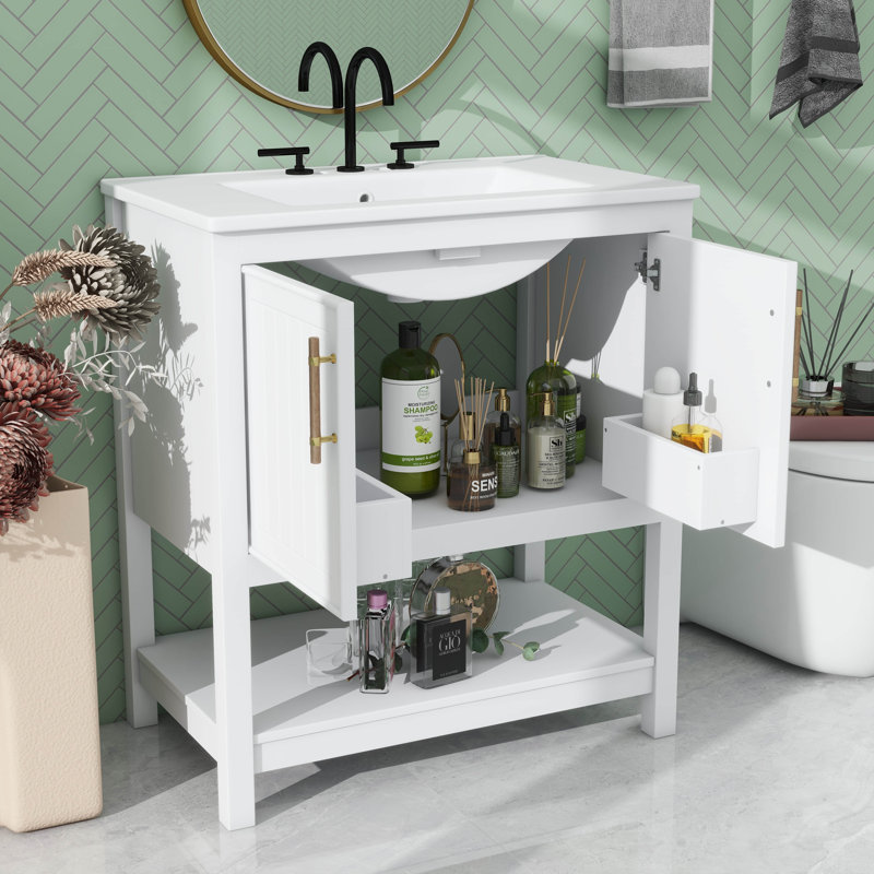 Meuble-lavabo de 30 pouces avec lavabo en céramique et rangement polyvalent, Blanc