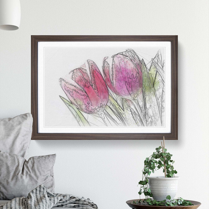 Pair of Pink Tulip Flowers in Abstract - Picture Frame Drawing Print, 62cm H x 87cm W x 2cm D, Walnut Framed