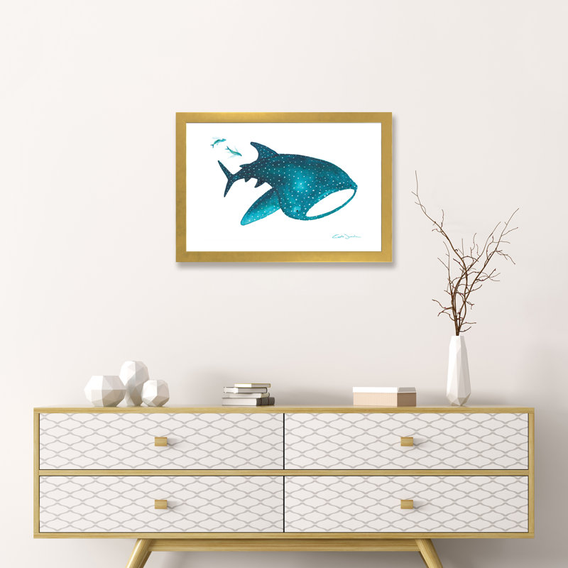 " Whale Shark And Fishes ", White, 16" H x 24" W x 1" D, Gold Framed Paper