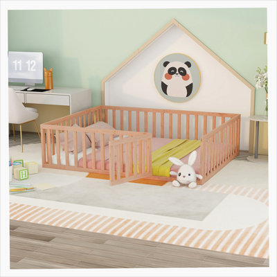 Wooden Floor Bed Frame With Fence and Door