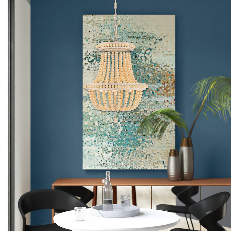 Geraldina 3-Light Empire Wood Bead Chandelier, White/Gold