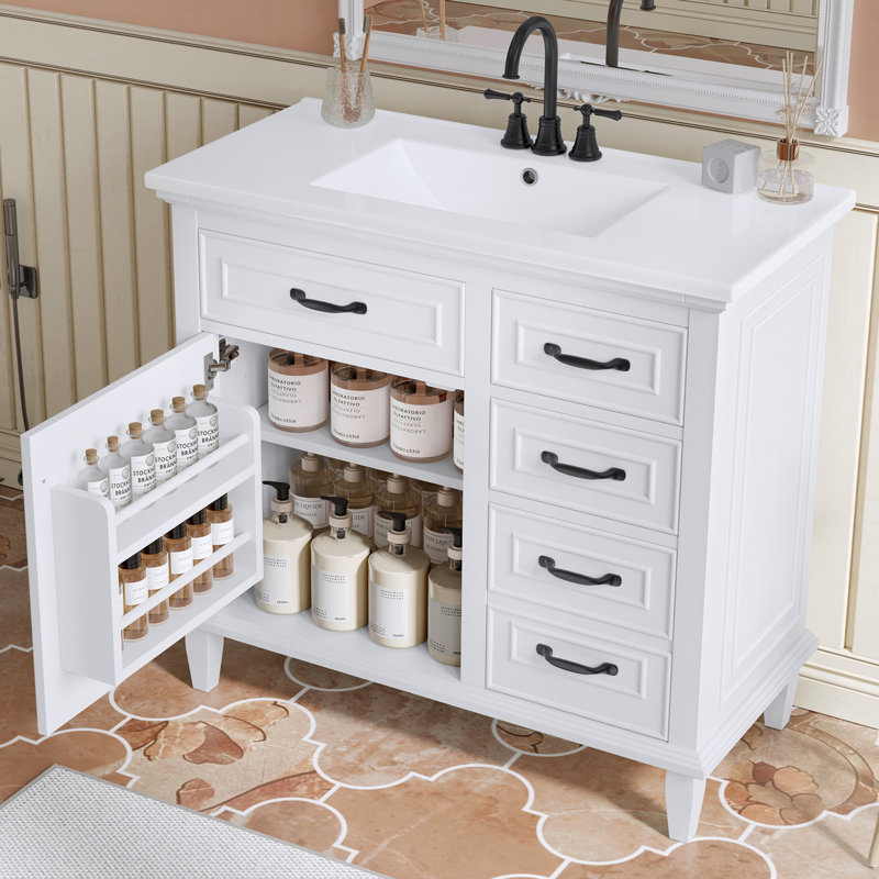 Meuble-lavabo 36 po avec comptoir en céramique, Noir, Blanc