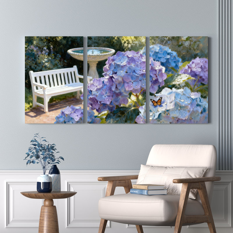 Tableau sur toile tendue représentant un jardin d'hortensias avec banc blanc et papillon (lot de 3), H 36 po x l 72 po