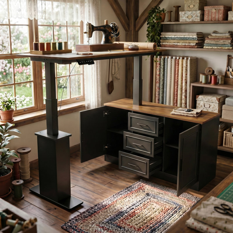 Bureau debout électrique en L à hauteur ajustable avec 3 tiroirs et armoire de rangement