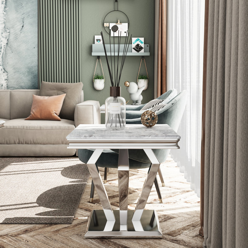 Black And Gold End Side Table With Polished Geometric Base, Grey/Silver