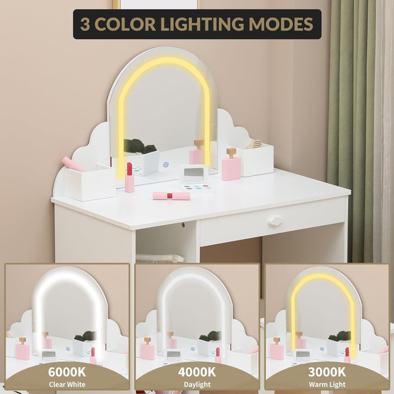 Lighted Mirror & Open Shelves Vanity Desk - Princess Makeup Table with Stool, Drawer & Pretend Toys, Wooden Dressing Table