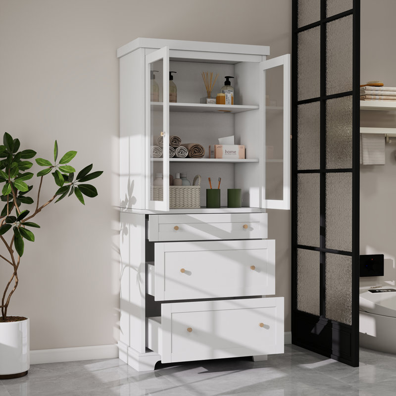 Tall Cabinet Bathroom Storage Freestanding Cabinet With Glass Door,2-Drawers And Adjustable Shelves, White