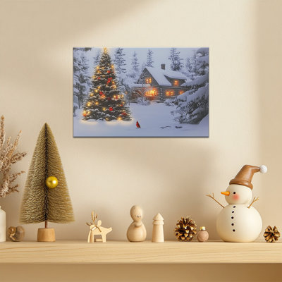 Art mural de Noël sur toile: Scène d'hiver, reproduction d'art avec arbre de Noël, Cozy Cabin, affiche sur toile prête à être accrochée, œuvre d'art des Fêtes pour décoration intérieure, 12 po x 16 po