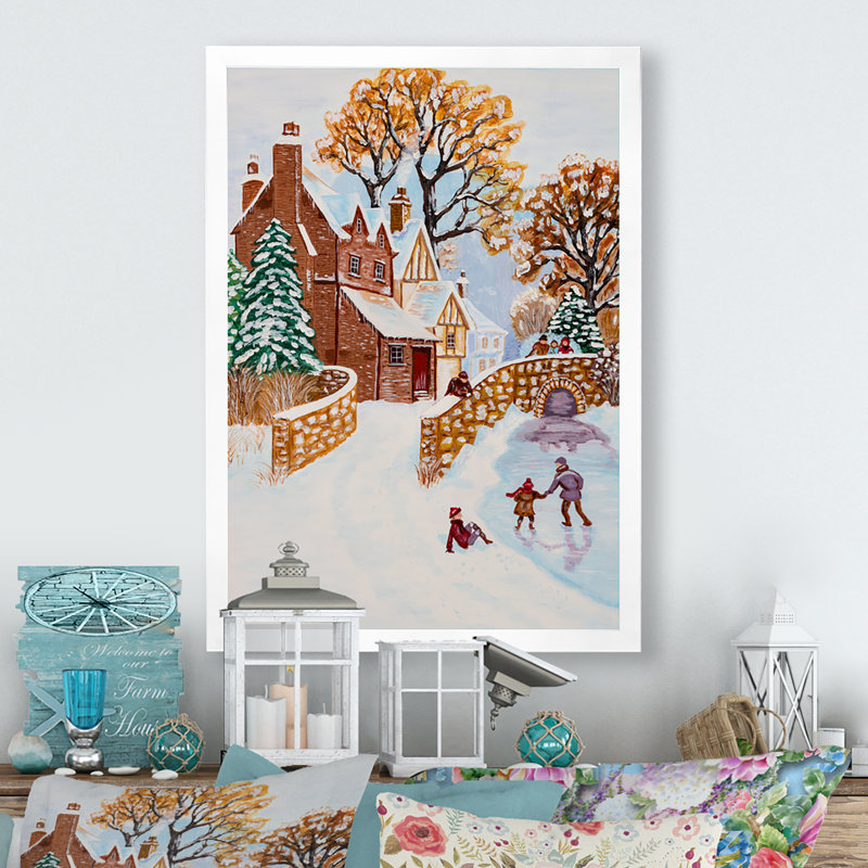 Enfants jouant pendant l'hiver de Noël - Peinture sur toile encadrée, H 32 po x l 16 po x P 1 po, Toile avec cadre blanc