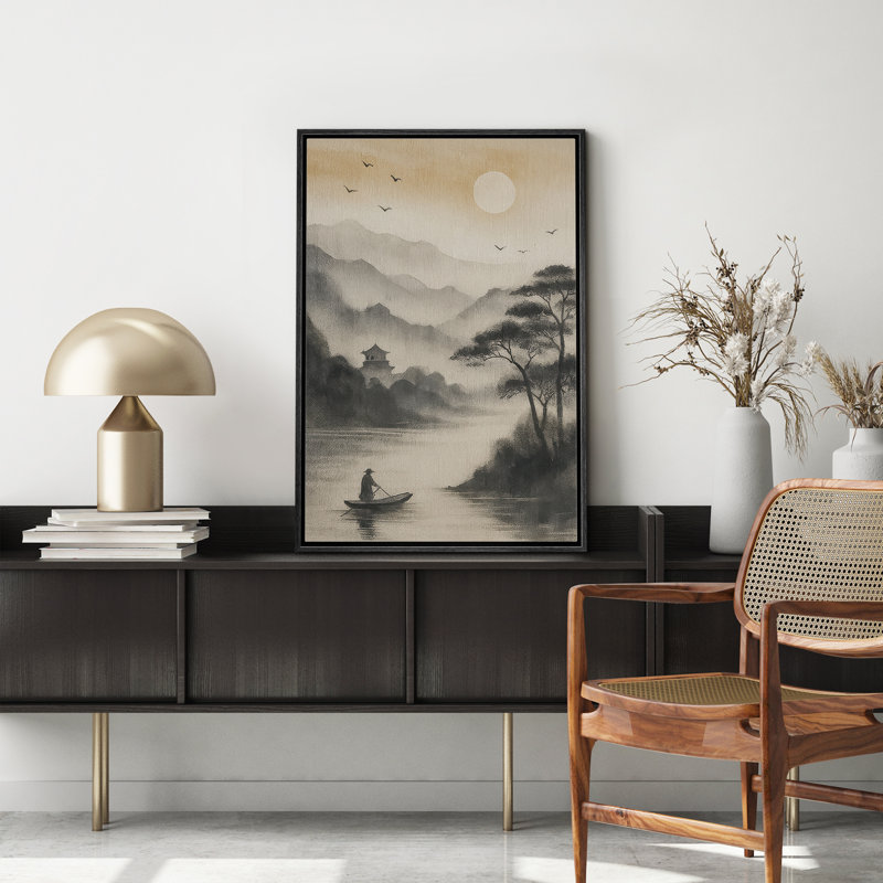 «Serene Mountain River with Boatman and Rising Sun», reproduction d'art sur toile encadrée, H 24 po x l 16 po x P 1,5 po