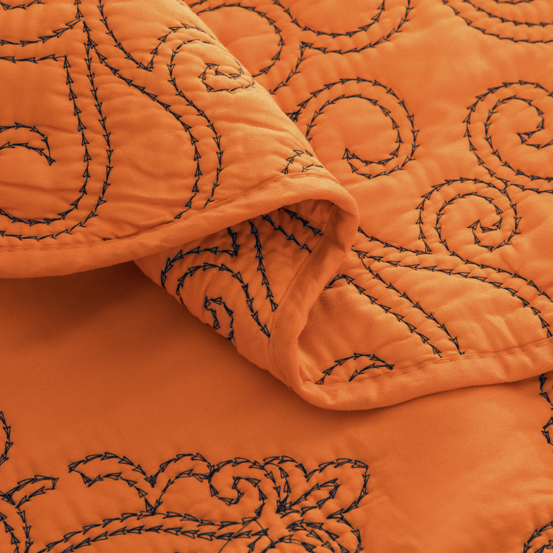 4 Piece Damask Oversized Embroidery Bedspread Set, Queen Quilt + 2 Queen Shams + Throw Pillow, Nectarine