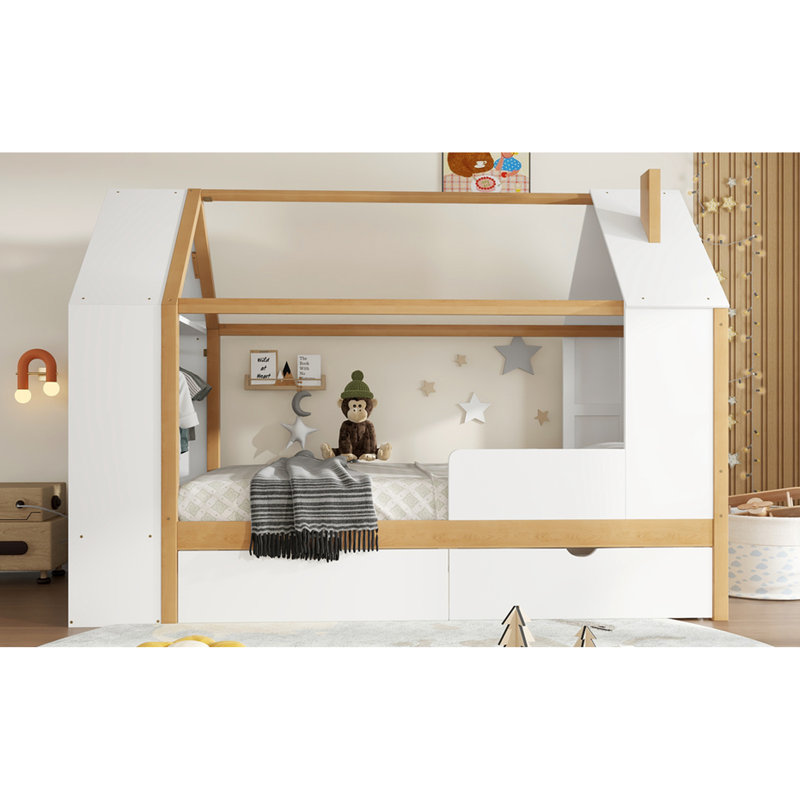 Lit simple en bois massif blanc et naturel avec tiroirs et tablettes
