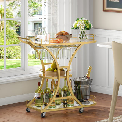 3-tier Glass Shelves Serving Cart, Metal Rolling Kitchen Cart With Stemware Rack, Locking Casters