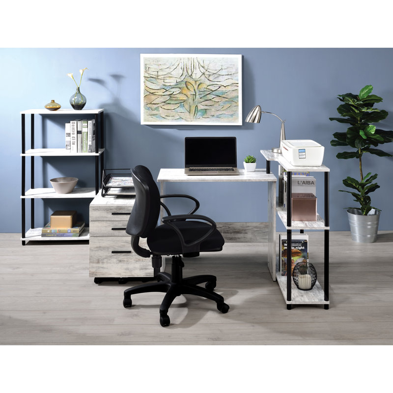 Bureau en L blanc antique et noir, rectangulaire avec étagère latérale noire, pratique pour 3 espaces de travail