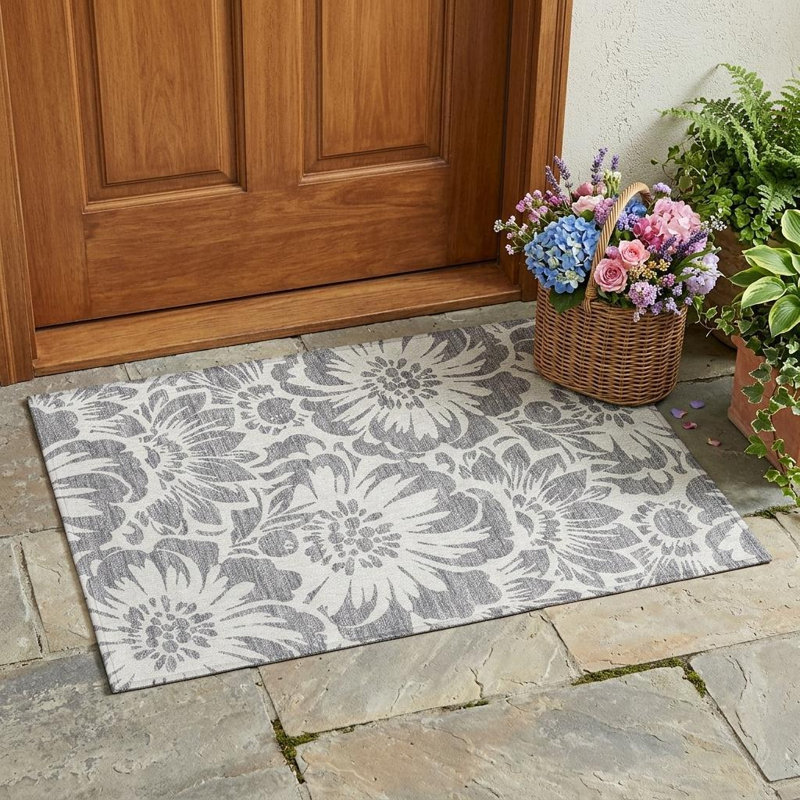 Tapis intérieur lavable antidérapant floral gris et ivoire 2 pi x 3 pi