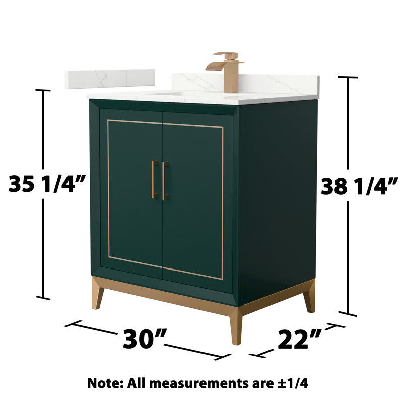 Meuble-lavabo sur pied simple 30 po avec plateau en quartz Marlena, Quartz Giotto, Vert, Bronze satiné