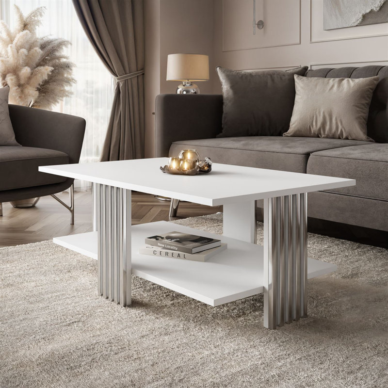 Four Leg Coffee Table with Storage, White, Silver, Solid