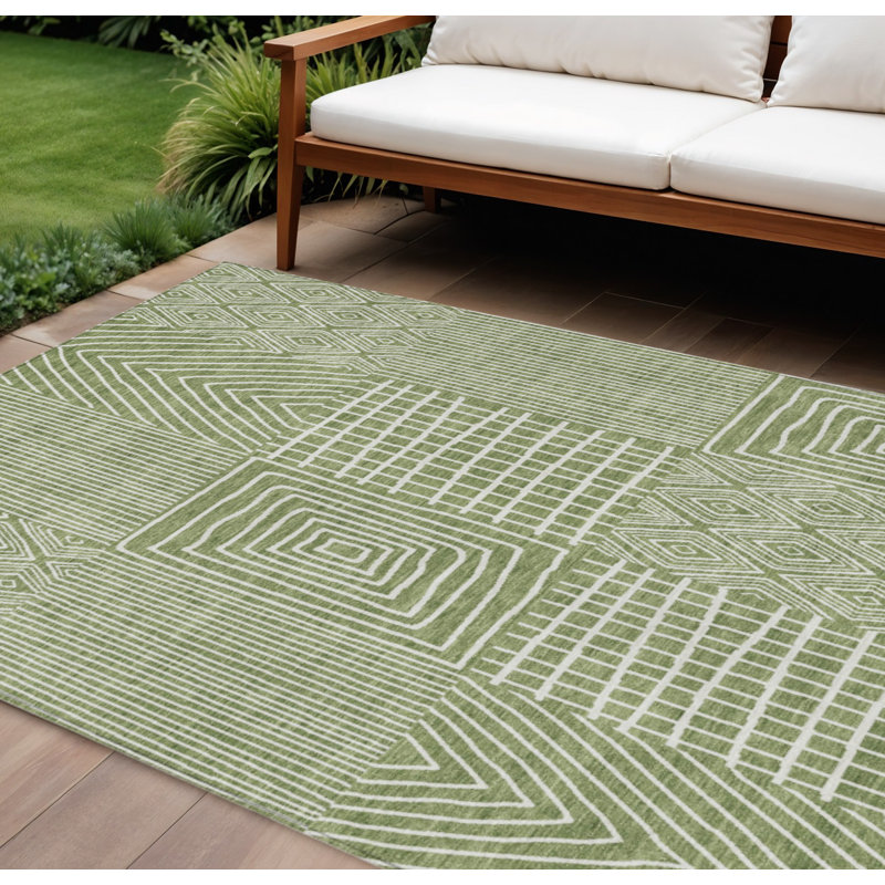 Tapis intérieur / extérieur géométrique lavable 9 pi x 12 pi vert et ivoire