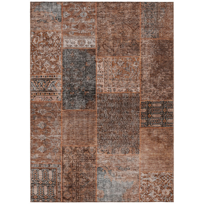 3' X 5' Terra Cotta Copper And Charcoal Patchwork Washable Indoor Outdoor Area Rug