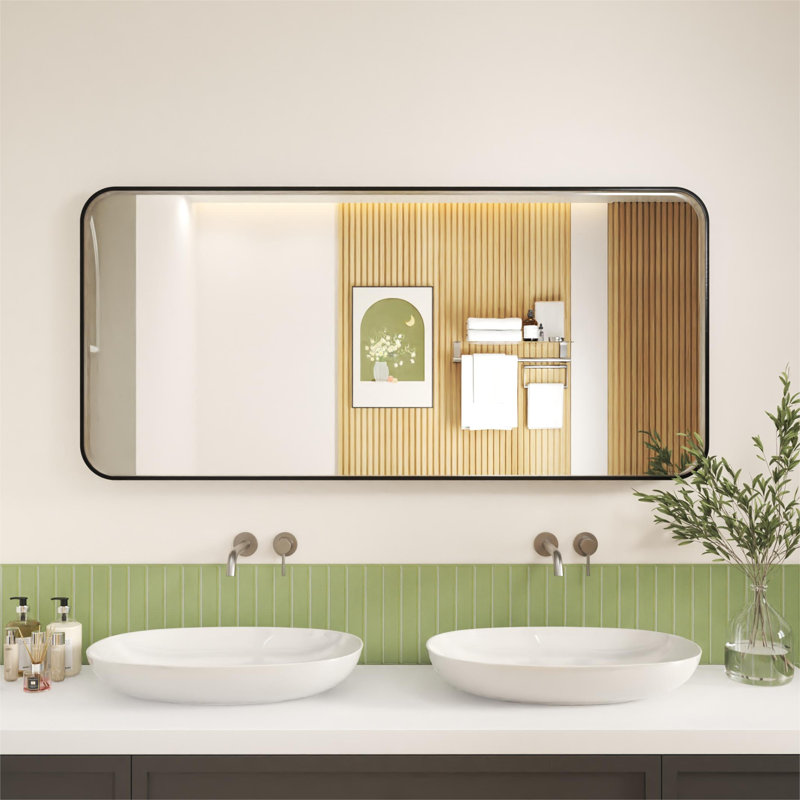 Élégant miroir encadré en aluminium avec coin arrondi pour une décoration intérieure élégante, Noir mat, 60 po x 28 po