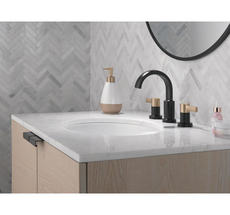 Robinet de salle de bain Albion noir mat / or brossé à 3 trous, robinet de salle de bain à 2 poignées espacées à 2 poignées pour meuble-lavabo, ensemble de drain en métal à poussoir, noir mat / bronze champagne