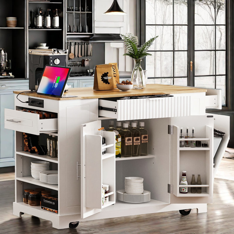 Bickley With Tilt-out Trash Can, Power Outlet, Internal Storage Rack, 3 Drawers And 3 Open Side Racks, White