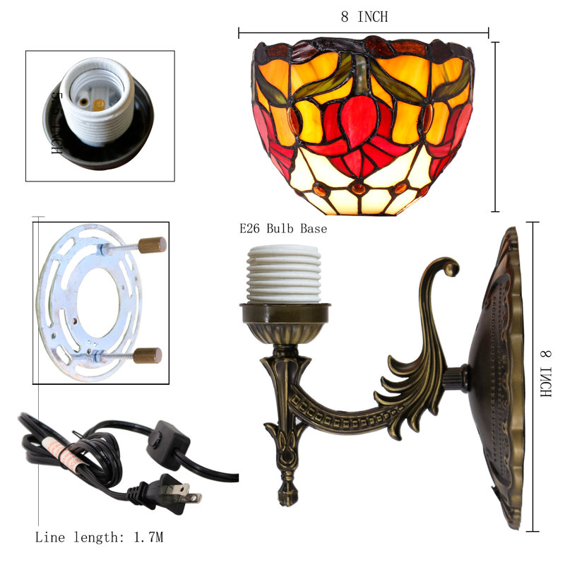Tiffany Wall Sconce Lamp Blue Stained Glass Flower Style 8X10.5X11 Inch Plug in Wall Bedside Light for Hallway Bedroom (Tulips Style)