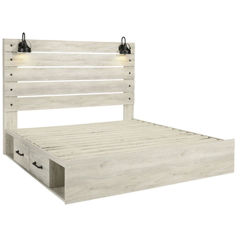 Très grand lit à panneau rustique Cemy, 2 appliques et 4 tiroirs, blanc délavé, Très grand