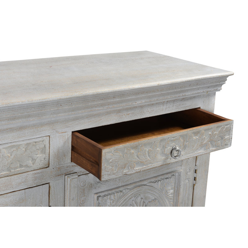 Buffet en bois massif sculpté Harleen, Gris, L 102 po