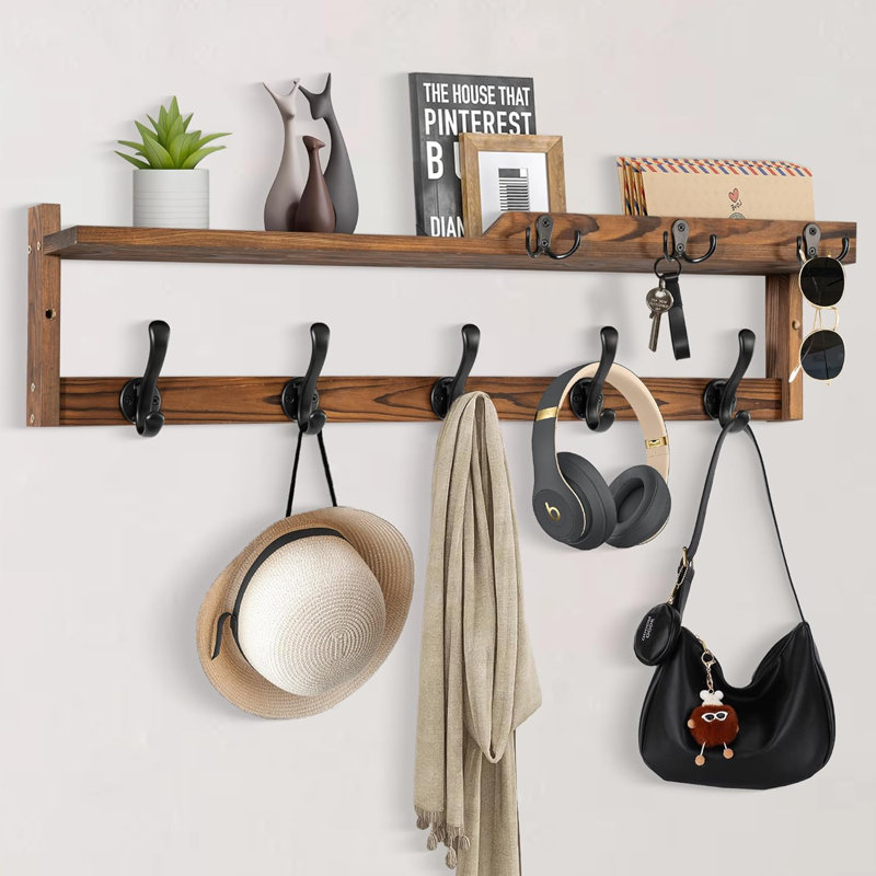 Wall Mounted Coat Rack With Shelf, Key Hooks And Mail Holder - Multi-Functional Entryway Organizer, Floating Shelf With Storage For Hats, Coats And Keys - Durable Solid Wood Construction