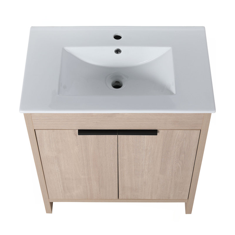 Meuble-lavabo autoportant de 30 pouces avec lavabo en céramique blanche et 2 portes d'armoire à fermeture en douceur