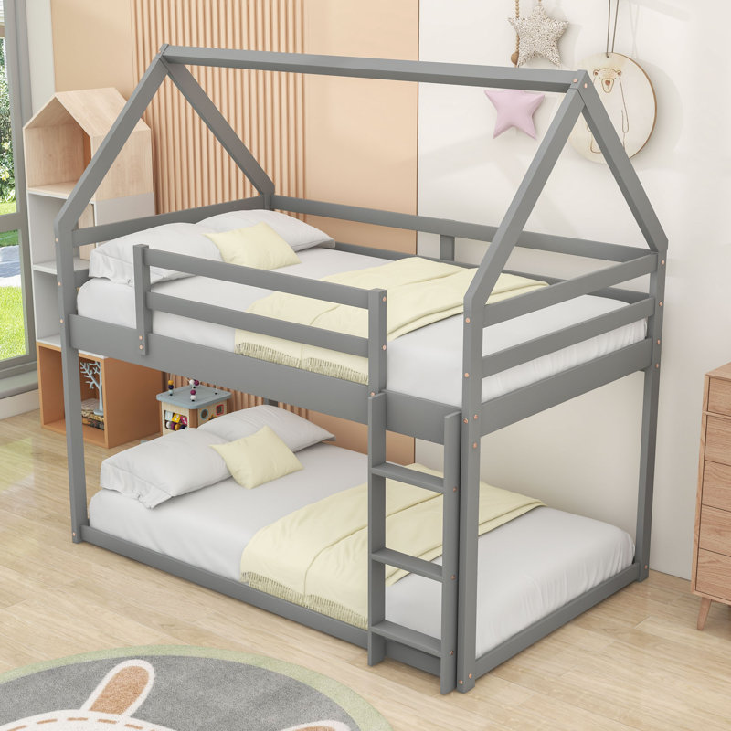 Twin Over Twin Bunk Bed With House-Shaped Frame And Ladder, Gray