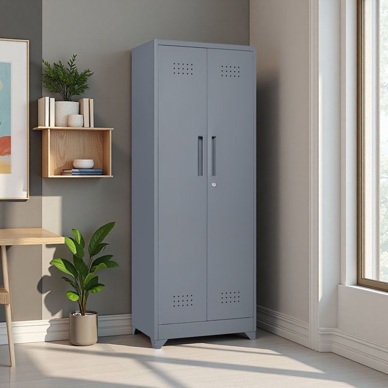 Broom Storage Cabinet With Locking Doors And Shelves, 65" H Metal Storage Cabinet With Hanging Rod & S-Hooks, Cleaning Tool Storage Cabinet