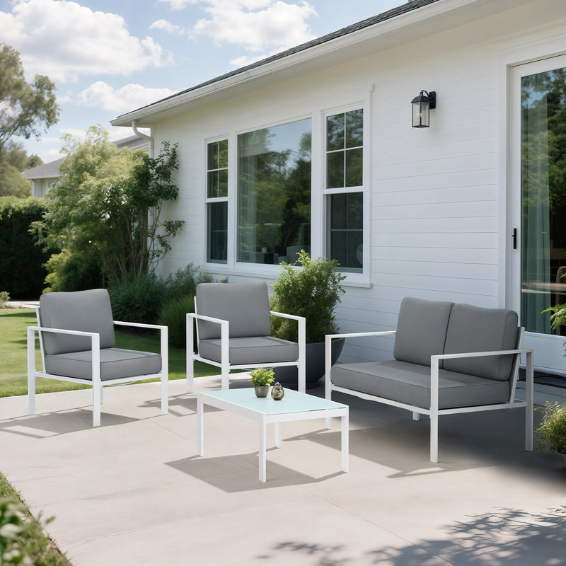 Trivette 4Pcs Outdoor Furniture Set Patio Conversation Set with Chairs, Loveseat, Table and Cushions, Gray