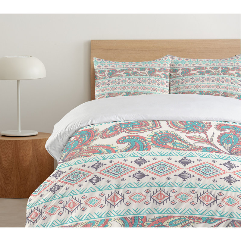 Queen Cream Aqua and Coral Tribal Duvet Cover Set