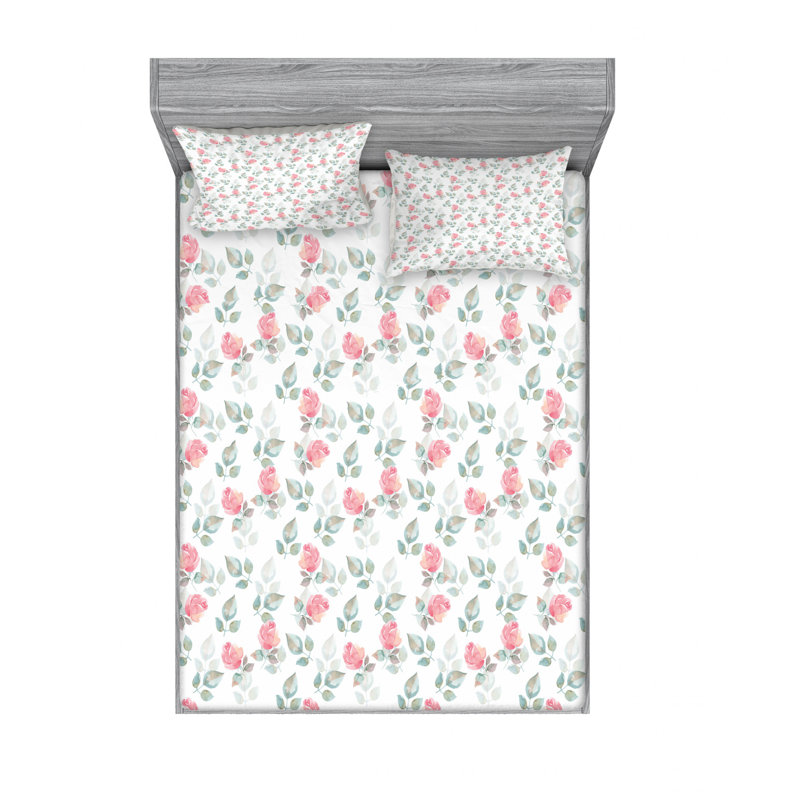 Ambesonne Fitted Sheet & Sham Set, Queen Sheet Set with 2 Pillowcases, White/Pink/Gray Floral 1