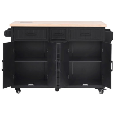 56.5" Kitchen Island With Drop Leaf, Power Outlet, Embossed Vertical Stripe Rolling Kitchen Cart On Wheels With 4 Doors, 5 Deep Drawers And Adjustable Shelves, For Kitchen, Dining Room