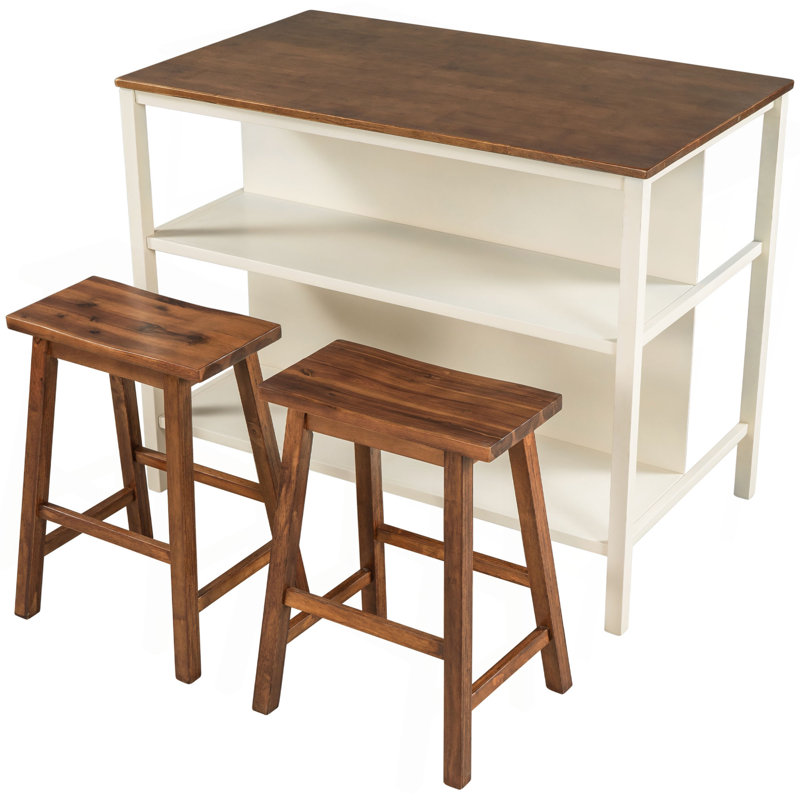 TOPMAX Solid Wood Rustic 3-Piece 45" Stationary Kitchen Island Set With 2 Seatings, Rubber Wood Butcher Block Dining Table Set Prep Table Set With 2 Open Shelves For Small Places