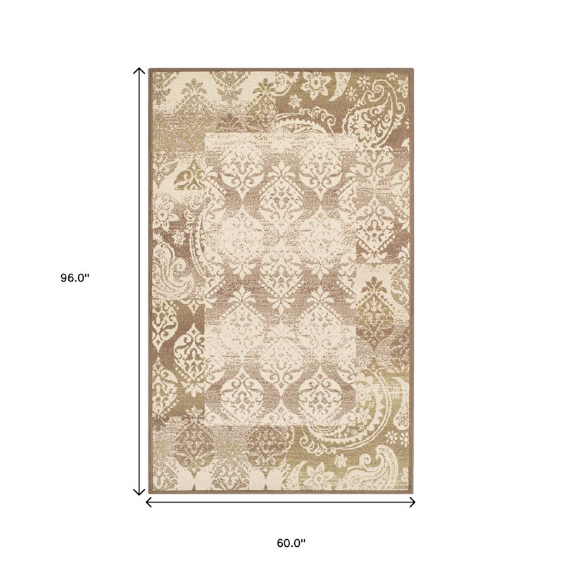 Tapis damassé brun tissé à la machine 5 pi x 8 pi résistant aux taches